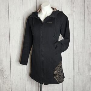 Desigual Hooded Long Zip Jacket Coat Black Bronze Mandala, size Medium